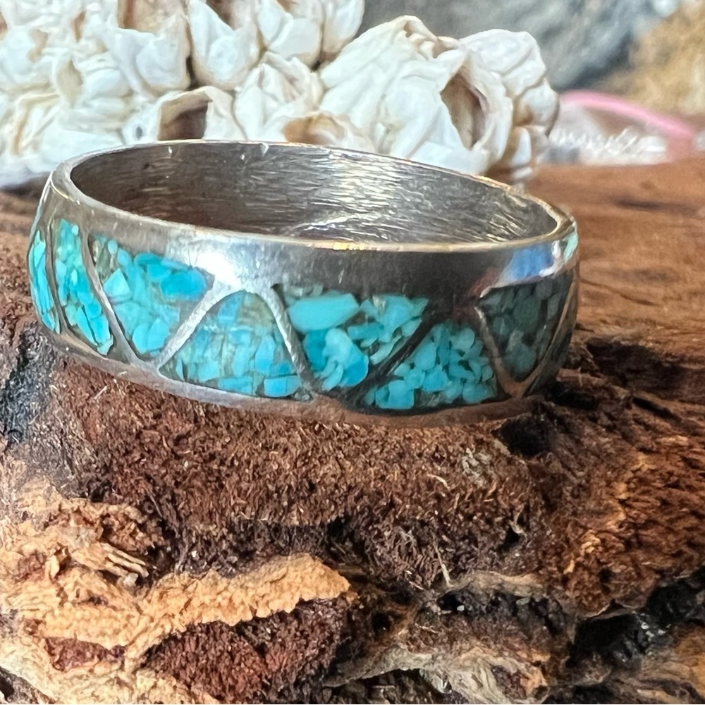 Native American Ring Band Crushed Turquoise Sterling Inlaid Navajo 10 Unisex